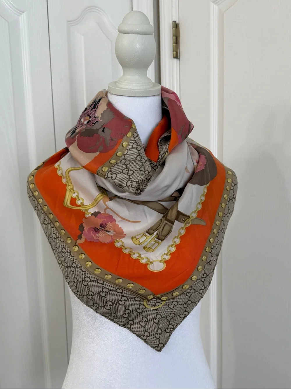 Gucci Orange Beige Pink Floral Silk Scarf